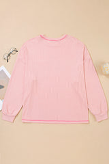 Bonbon Ribbed Exposed Seam Chest Pocket Plus Size Long Sleeve Top