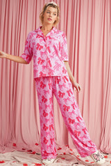 Pink Bow Knot Print Lapel Collar Short Sleeve and Pants Pajama Set