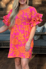 Pink Floral Print Loose Layered Ruffle Sleeve Short Dress
