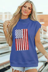 Sky Blue Sequin American Flag High Neck Short Sleeve Top
