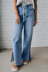 Myosotis Side Slit High Rise Drawstring Casual Jeans