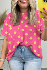 Pink Twisted Rib Polka Dot Print Plus Size T Shirt