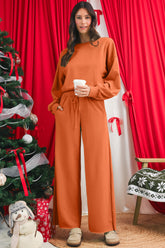 Flamingo Drop Shoulder Crop Pullover Drawstring Wide Leg Pants Set
