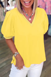 Yellow Solid Color V Neck Short Puff Sleeve Blouse