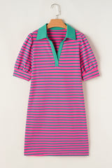 Pink Stripe Collared Puff Sleeve Pop of Color Neckline T Shirt Dress