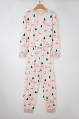 Pink Christmas Tree Reindeer Print Contrast Striped Trim Pajama Set