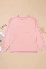 Bonbon Ribbed Exposed Seam Chest Pocket Plus Size Long Sleeve Top