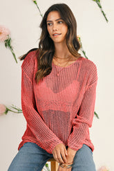 Coral Crochet Hollow-out Knit Sweater