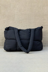 Black Solid Quilted Puffy Zipped Large Tote Bag