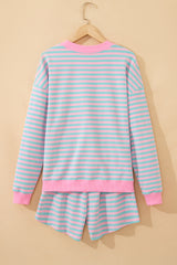 Pink Stripe Color Block Detail Long Sleeve Pullover Elastic Waist Pull On Shorts 2pcs Set