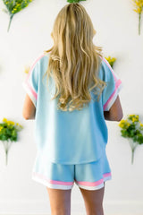 Mist Blue Color Block Trim Sequin Star Casual Two Piece Short Set