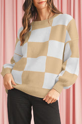 Khaki Plaid Bishop Sleeve Pullover Sweater
