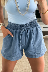 Dusk Blue Smocked Elastic Waist Denim Shorts