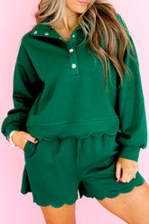 Blackish Green Embroidered Scallop Trim Half Button Pullover Casual Shorts Set