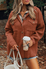 Red Sandalwood Ribbed Knit Buttons Front Flap Pocket Casual Shacket
