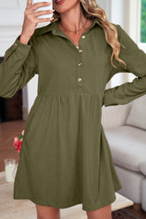 Vineyard Green Corduroy Half Button Collared Long Sleeve Mini Dress