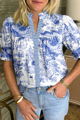 Blue Wild Animal Paradise Striped Detail V Neck Blouse