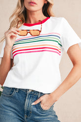White Rainbow Stripe Print Crewneck T Shirt