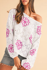 White Flower Print Drop Shoulder Hollow Knit Sweater