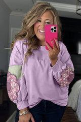 Phalaenopsis Flower Patched Colorblock Plus Size Pullover Top