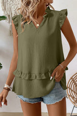Four Leaf Clover Notched V Neck Ruffle Detail Tank Top