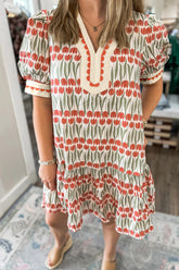 White Tulip Floral Print Cotton Puff Short Sleeve Mini Dress