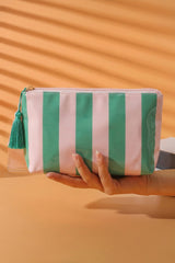 Dark Green Striped Vinyl Waterproof Tassel Zipper Makeup Bag
