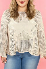 Parchment Hollow Out Knit Star Pattern Plus Size Sweater