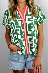 Green Abstract Print Striped Trim V Neck Short Sleeve Blouse