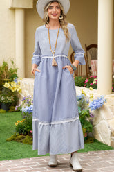 Sky Blue Stripe Patchwork Lace Detail Bracelet Sleeve Maxi Dress