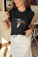 Black Western Cowboy Embroidery Round Neck Sleeveless Sweater