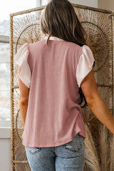 Fushia Plus Size Contrast Frilled Neckline Ruffled Short Sleeve Ribbed Textured Blouse