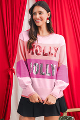 Pink HOLLY JOLLY Sequined Color Block Crew Neck Sweater