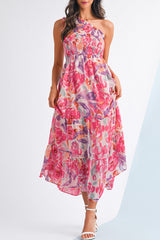 Pink Floral Print Shirred One Shoulder Maxi Dress