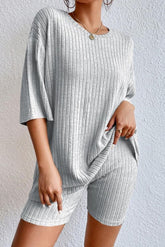 Gray Ribbed Knit Drop Shoulder T Shirt and Shorts Set