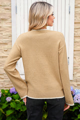Tan Leopard Bow Decor Split Cuffs Contrast Trim Sweater
