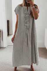 Black Stripe Frilled Detail Half Buttons Short Sleeve Long Dress