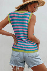 Pink Stripe Pointelle Knit Contrast Trim Sleeveless Sweater Top