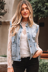 Beau Blue Scalloped Trim Patch Pocket Button Front Denim Vest