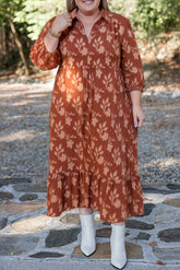 Cinnamon Plus Size Textured 3D Flower Pattern Ruffle Hem Dress