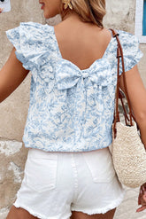 Sky Blue Floral Ruffle Short Sleeve Bow Back Blouse