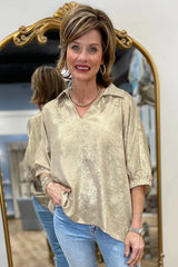 Casual Collared V Neck Half Sleeve Metallic Top