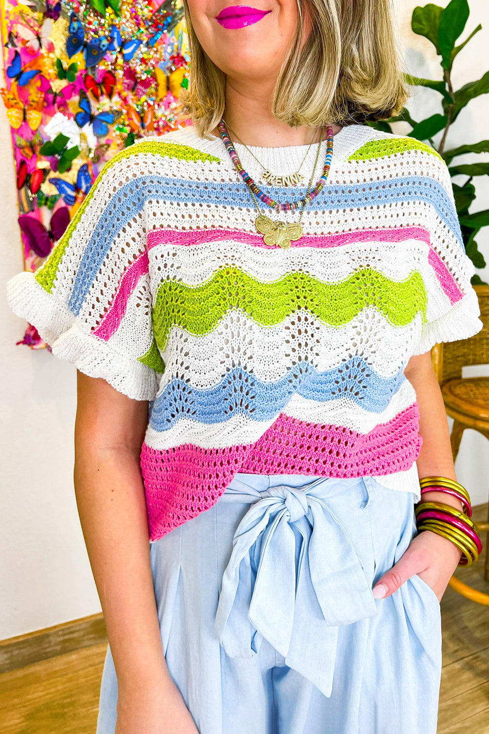 White Color Block Ruffled Short Sleeve Knitted T Shirt