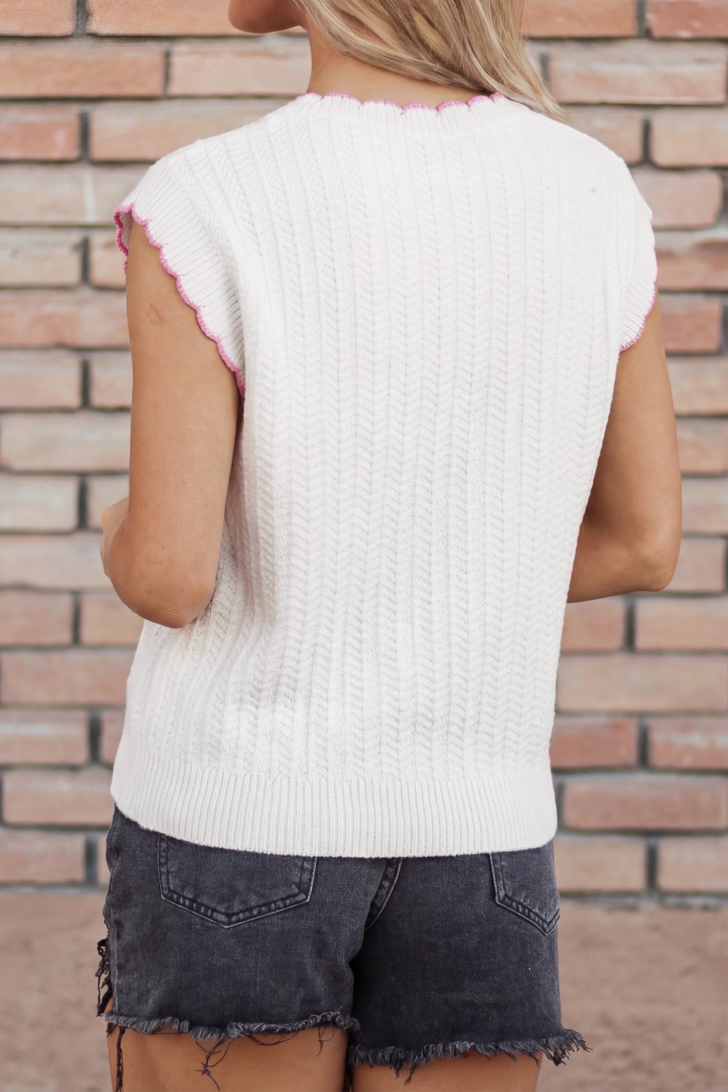White Sleeveless Round Neck Embroidery Towel Stitch Casual Shift Sweater Vest