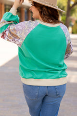 Sky Blue Plaid Floral Patchwork Raglan Sleeve Plus Size Sweatshirt