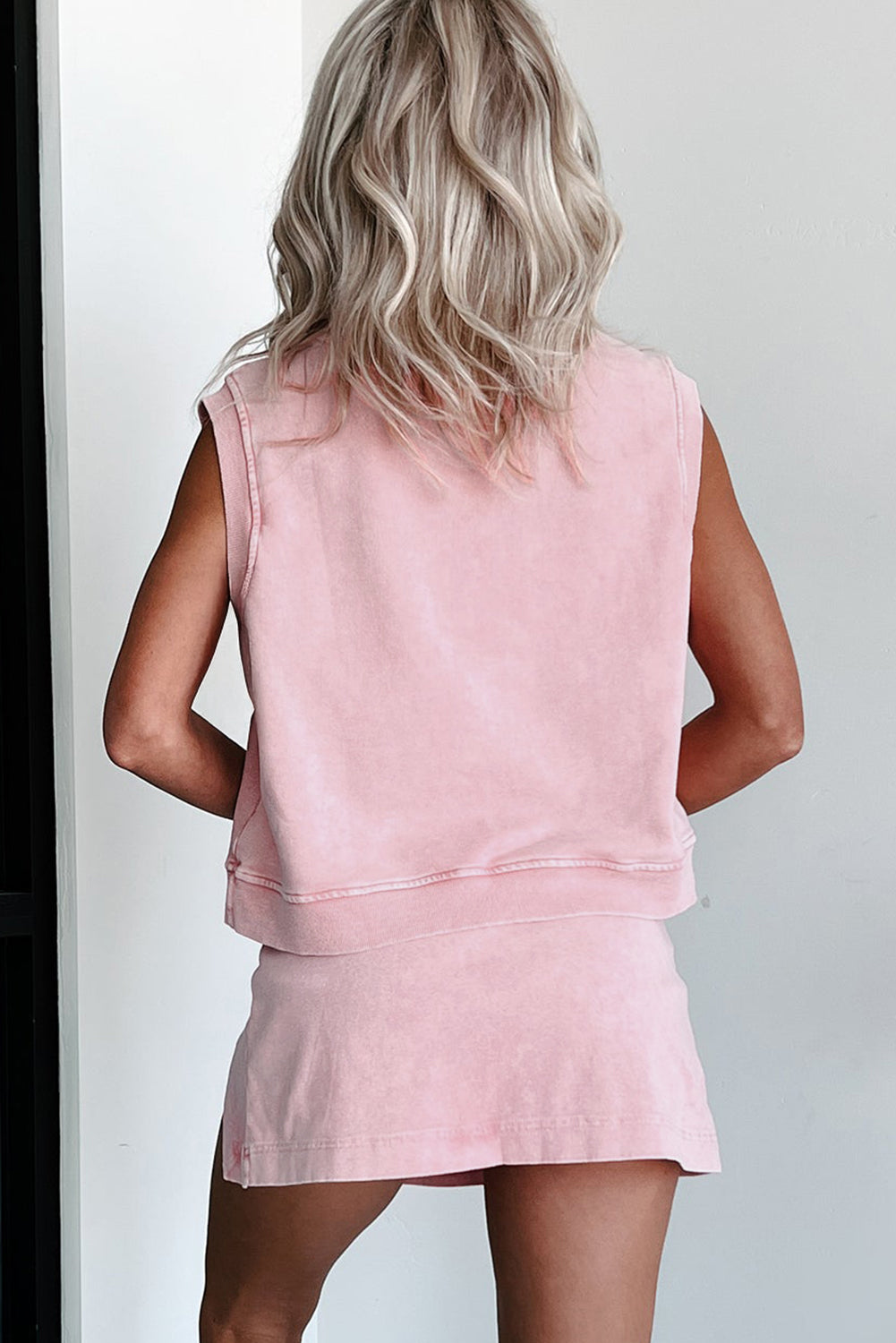 Light Pink 2 Pieces Mineral Wash Cotton Tank Top Lined Split Skort Set