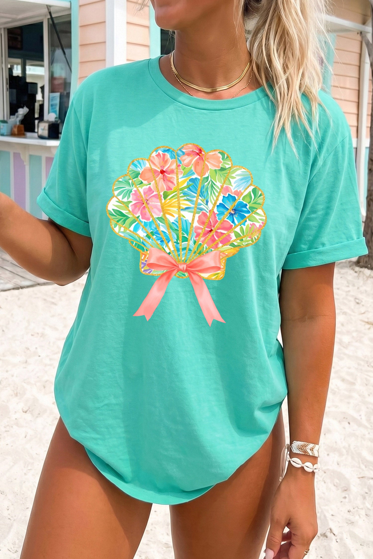 Mint Green Vibrant Floral Glitter Shell Graphic Relaxed T Shirt