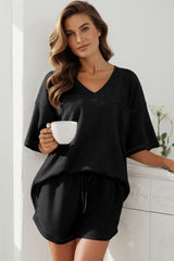 Black Solid Color Waffled V Neck Loose Tee Drawstring Shorts Set