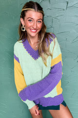 Green Stitched V Neck Colorblock Knitted Drop Shoulder Sweater