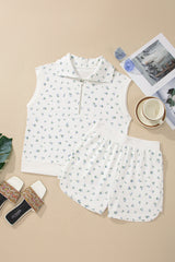 White Floral Print Half Zip Top Matching Short Set